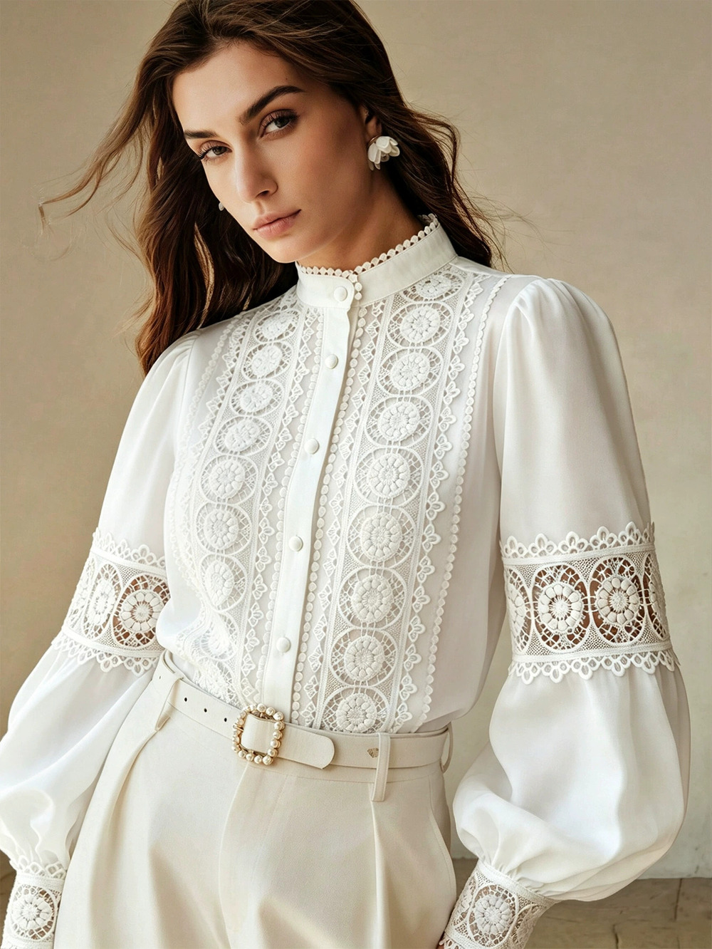 ZARA French Style Stand Collar Puff Sleeve Lace Cutout Blouse